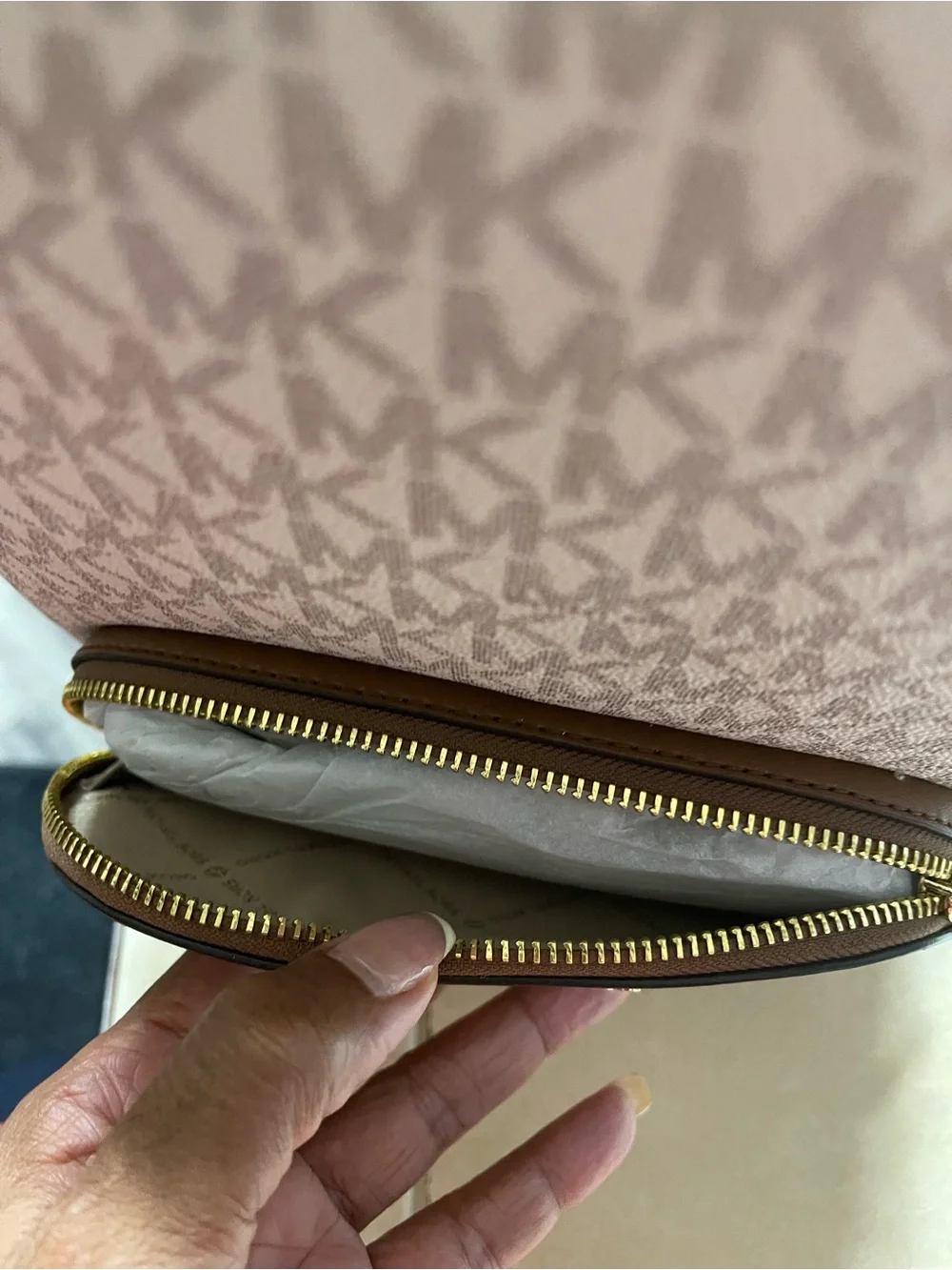 Michael Kors Tan Canvas w/Dark Tan Logo MK Monogram Backpack with Brown Trim
